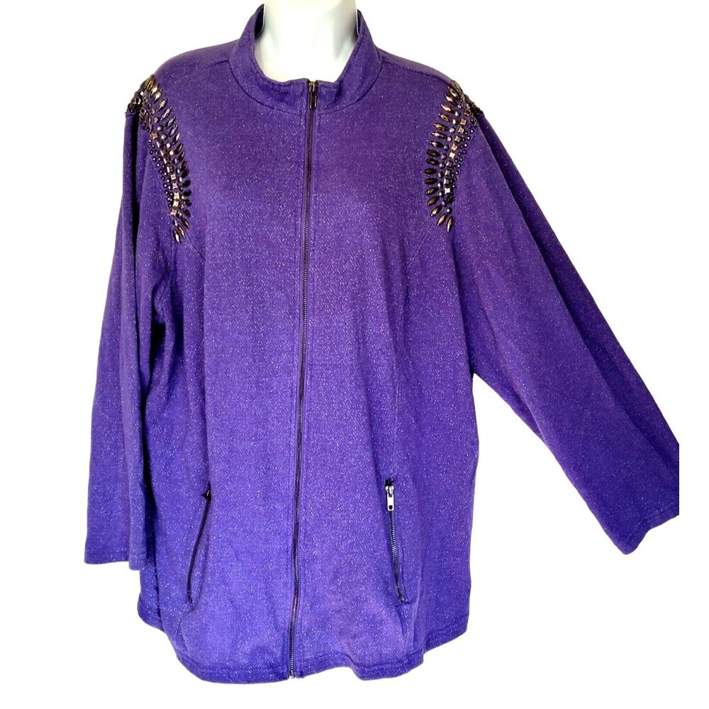 Roamans  Zip-Up Jacket 2X Purple Embellished Jeweled Metallic Band Collar Cotton